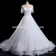 С коротким рукавом белое свадебное платье с аппликацией цветы